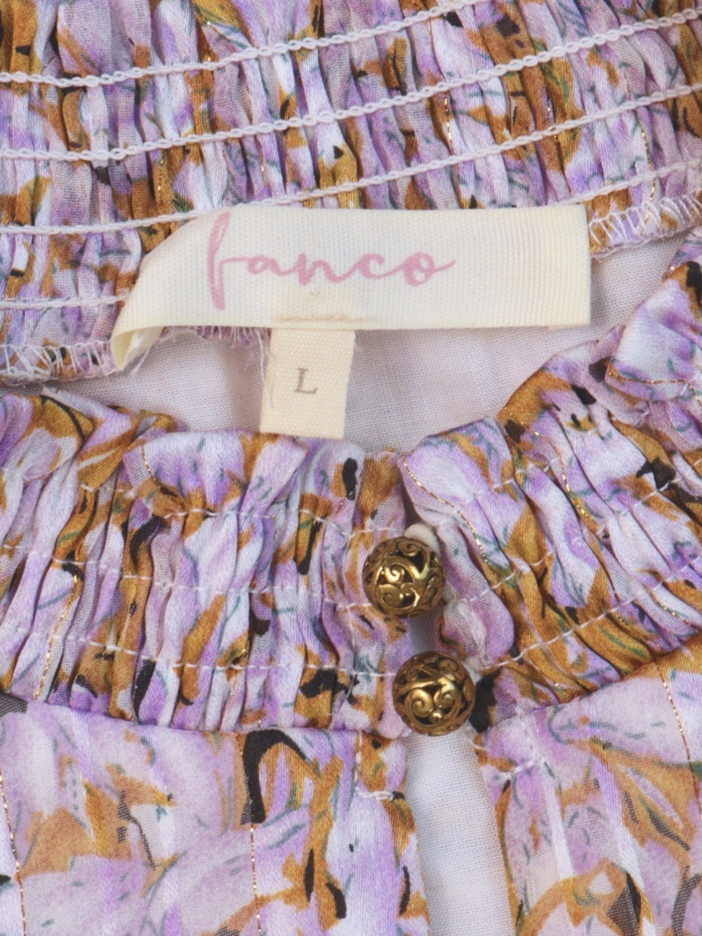 Franco Purple Gold Metallic Smocked Dress Size Large Anthro Style Mini - Picture 6 of 8